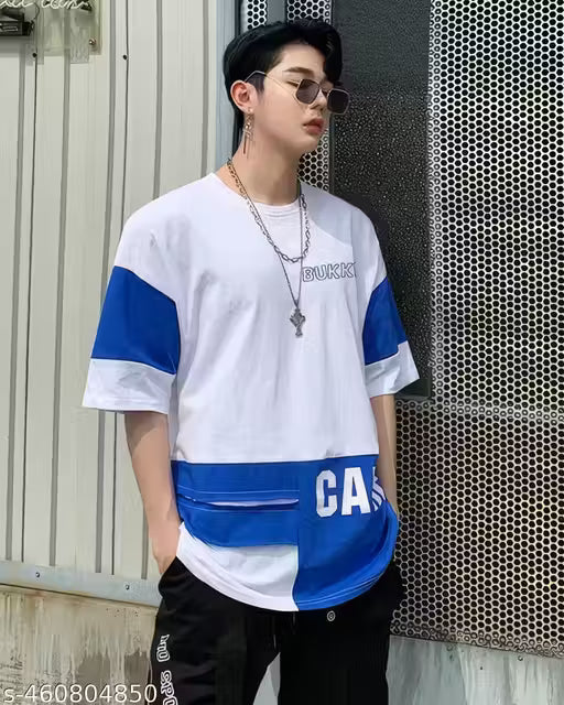 Oversized Blue & White Color block T-Shirt - Street Style