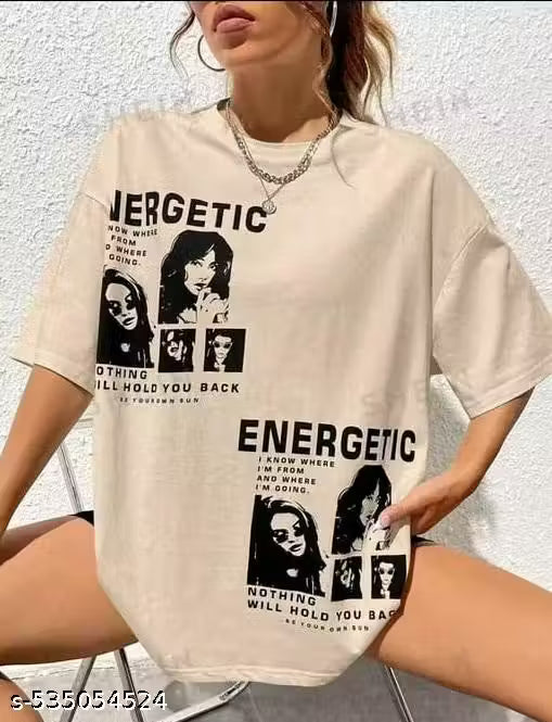 Energetic Beige Graphic Oversized T-Shirt