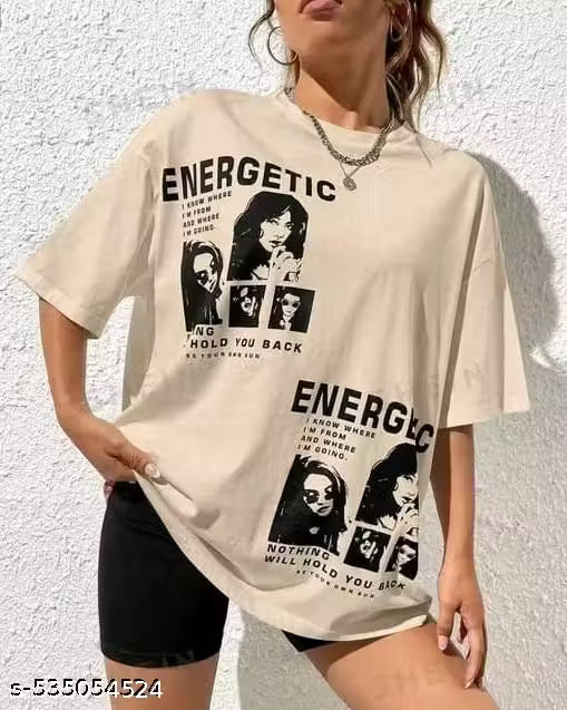 Energetic Beige Graphic Oversized T-Shirt