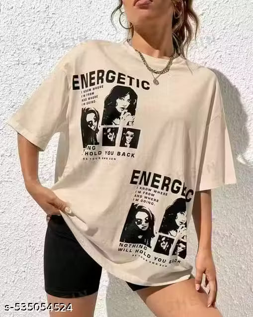 Energetic Beige Graphic Oversized T-Shirt