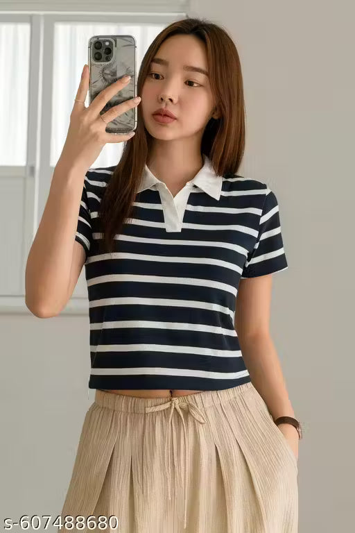 Navy Blue & White Striped Crop Polo Top