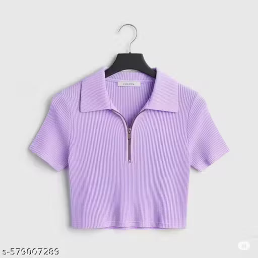 Lavender Ribbed Crop Polo Top