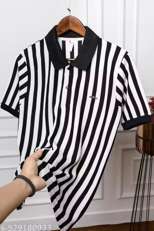 Vertical Striped Polo Shirt - Black & White