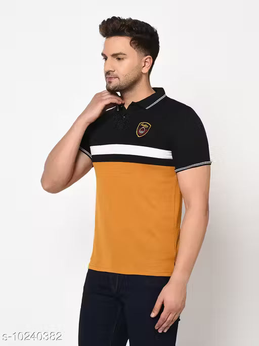 Men's Black & Mustard Color Block Polo T-Shirt