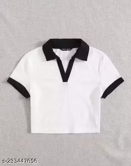 White and Black Contrast Collar Crop Top