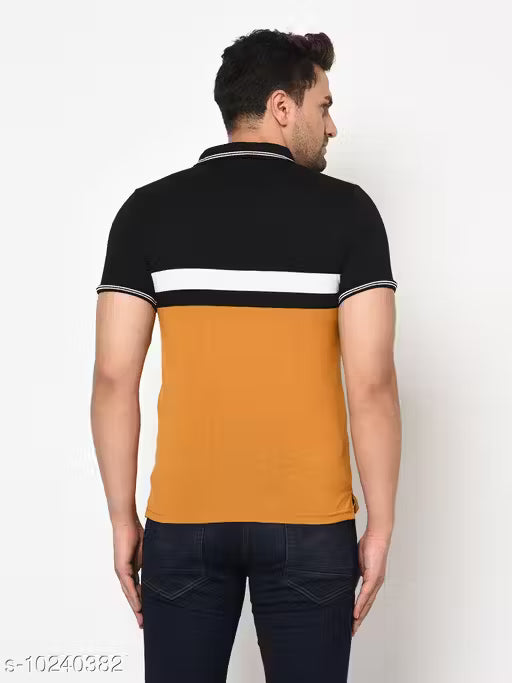 Men's Black & Mustard Color Block Polo T-Shirt