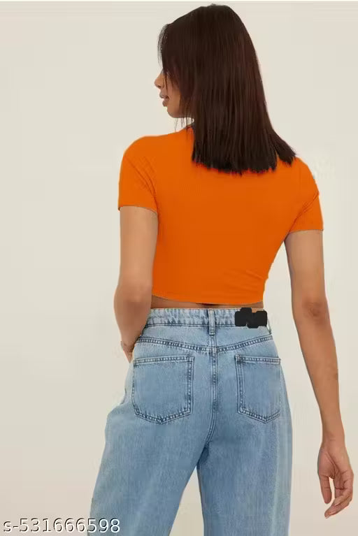 Orange Ribbed V-Neck Crop Top