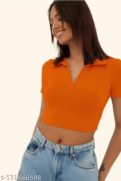Orange Ribbed V-Neck Crop Top