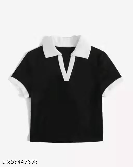 White and Black Contrast Collar Crop Top