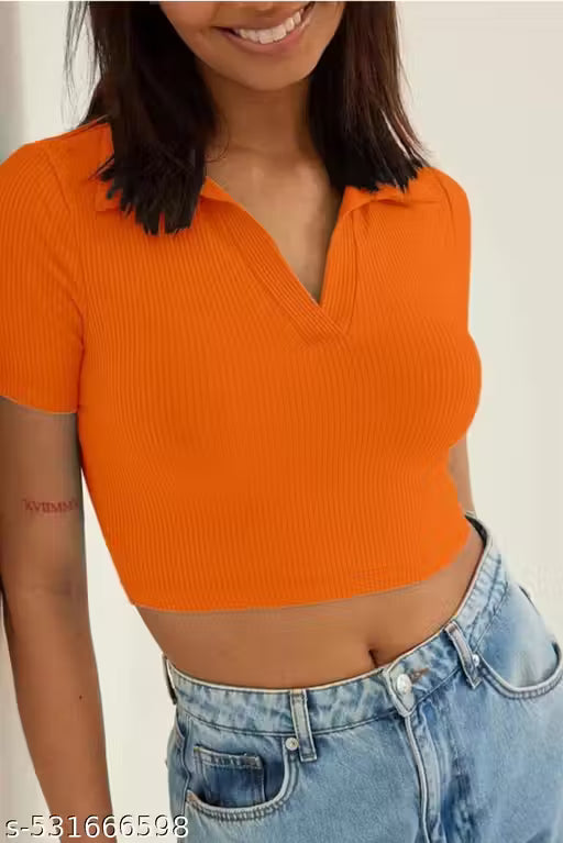 Orange Ribbed V-Neck Crop Top