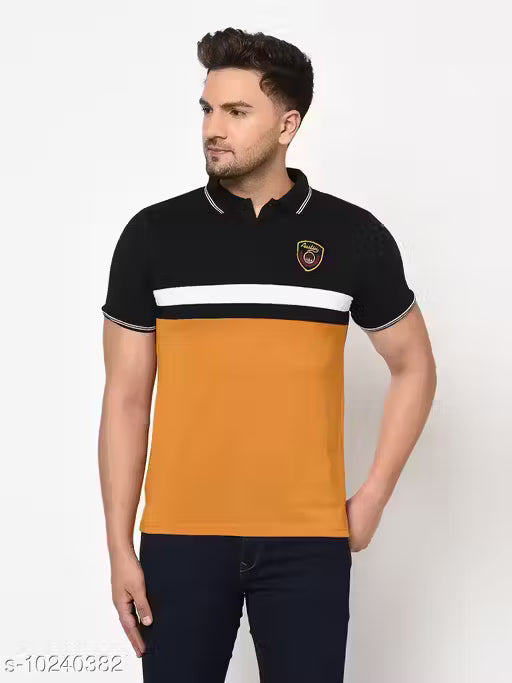 Men's Black & Mustard Color Block Polo T-Shirt