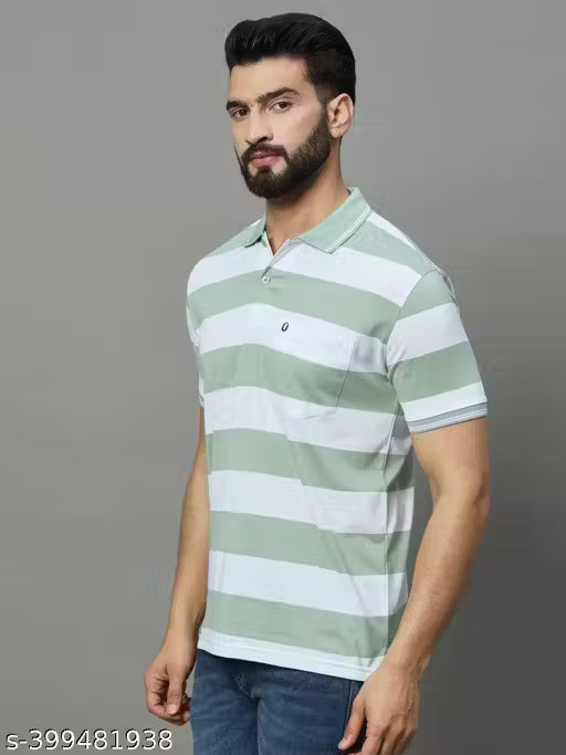 Men's Mint Green & White Striped Polo T-Shirt