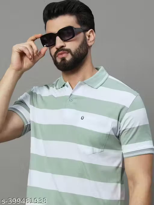 Men's Mint Green & White Striped Polo T-Shirt