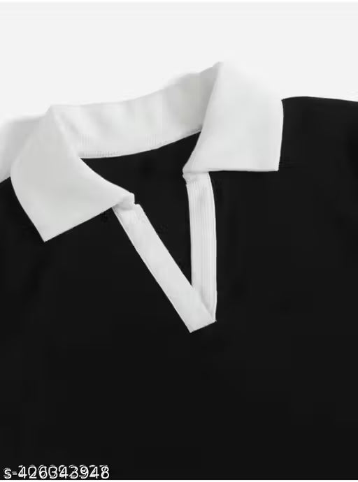 Black and White Contrast Collar Crop Top