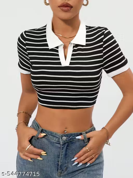 Women's Black & White Striped Crop Polo Top