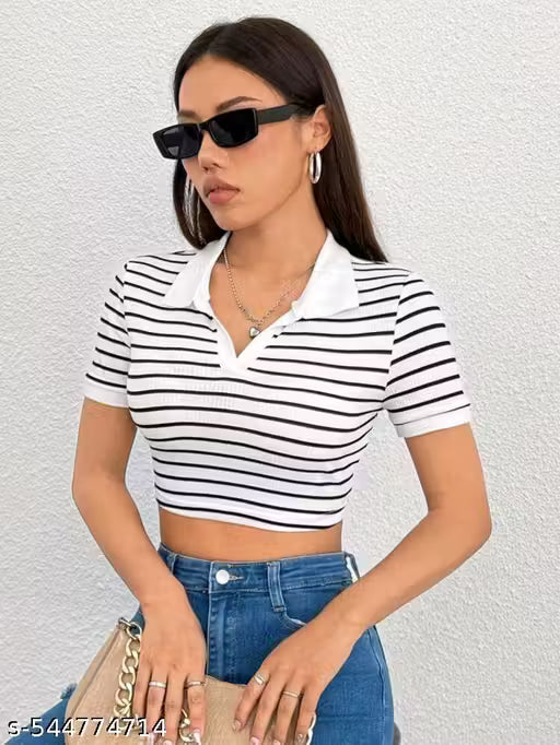 Women's Black & White Striped Crop Polo Top
