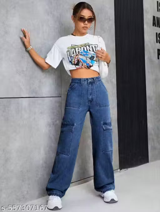 Women's High-Waisted Cargo Denim Jeans