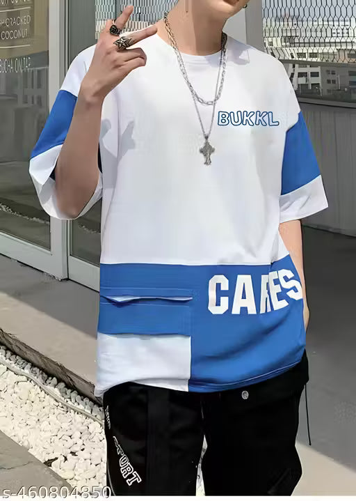Oversized Blue & White Color block T-Shirt - Street Style